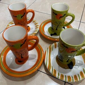 Spooky Orange and Green Mug Set with Saucers